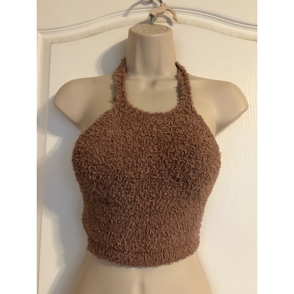 SKIMS Cozy Knit Halter Top Cocoa Brown Boucle Yarn Cropped Tank S/M Chic Club